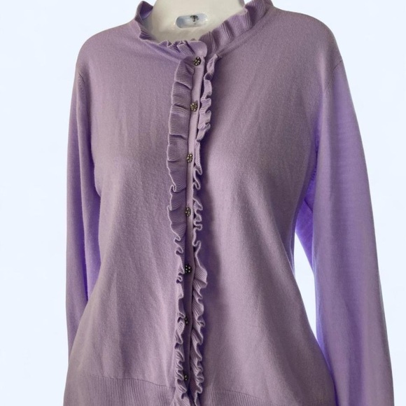 New Yourk & Company Lavender Ruffle Button-Up Sweater with Rhinestone Buttons L - Picture 1 of 4